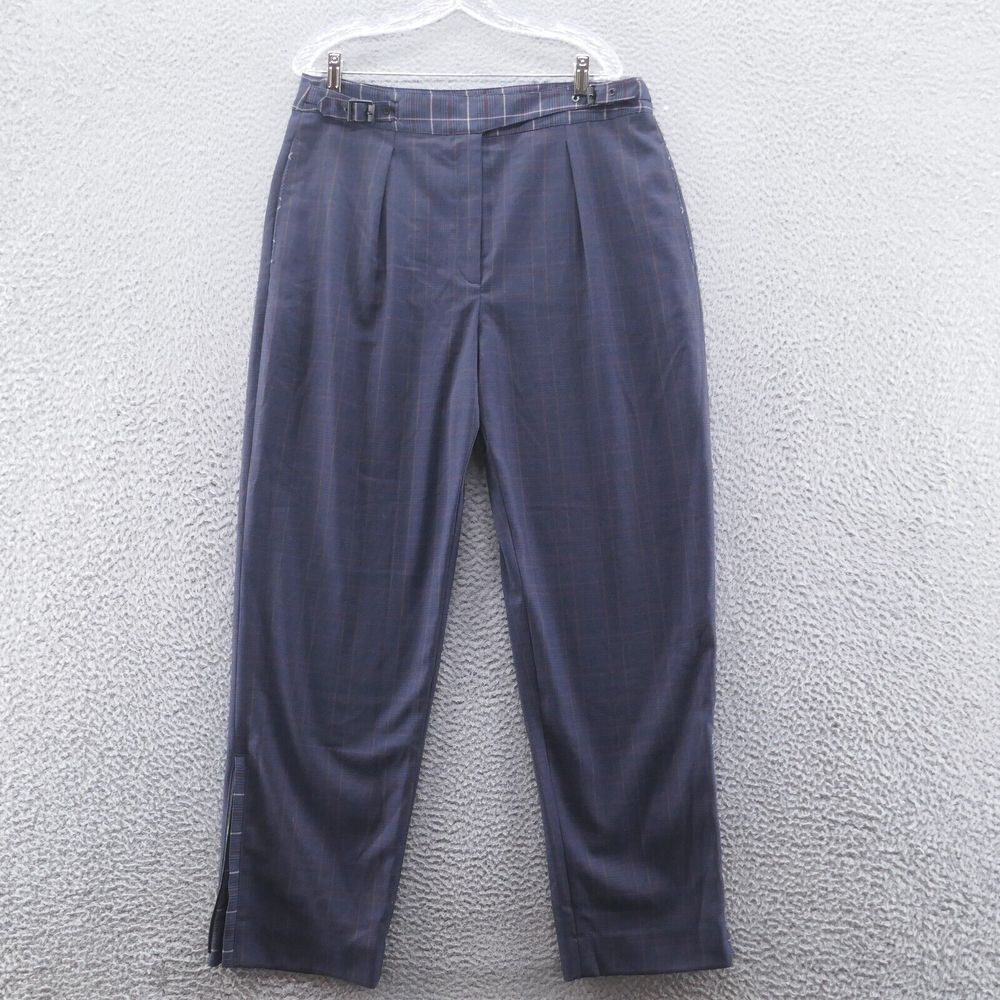 Rag & Bone Womens Mini Check Wool James Pants 14 Navy Blue Zip Ankle Pleated NEW